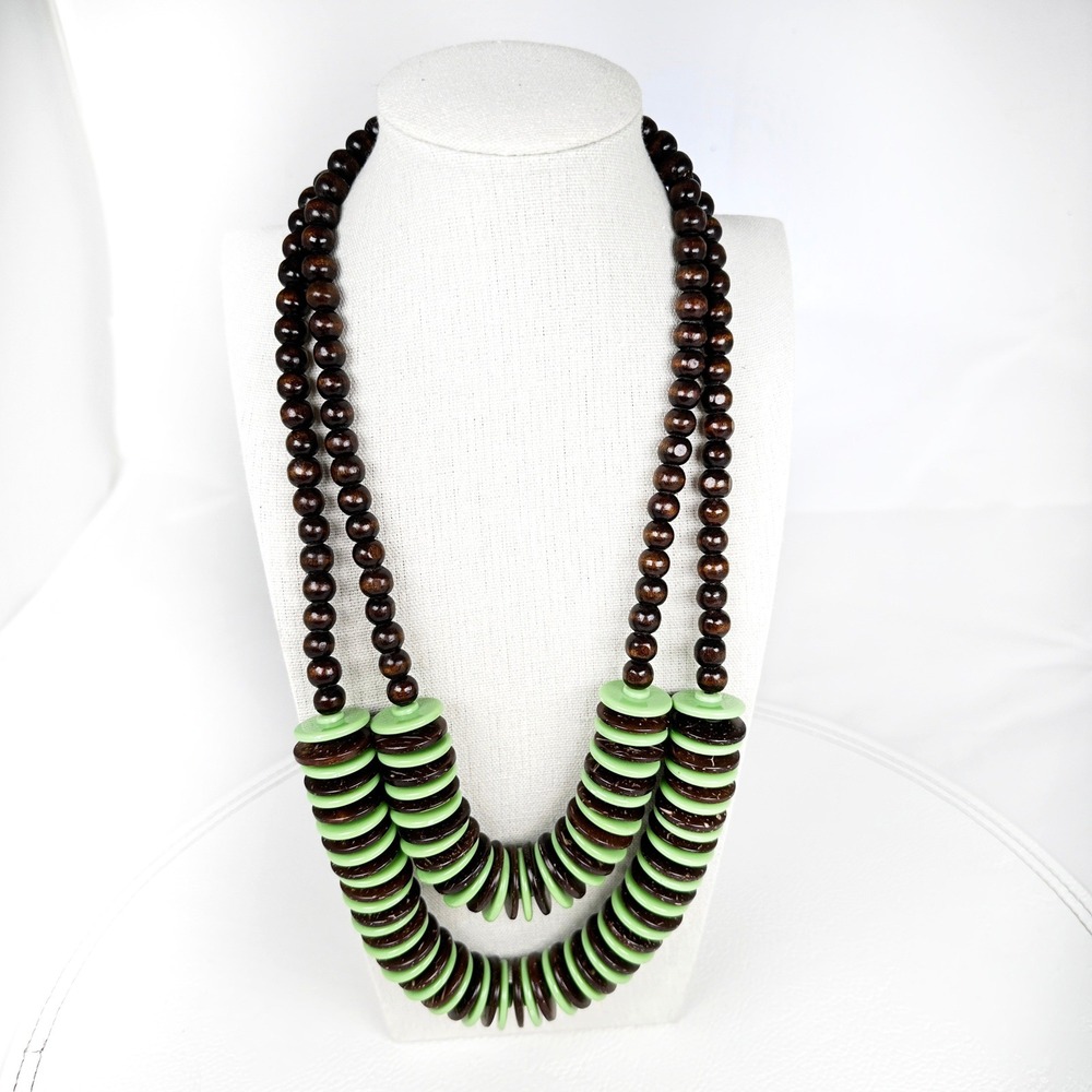 Vintage Chunky Double Strand Wood Bead‎ Necklace Green Plastic Discs Boho